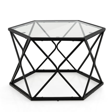 Couchtisch, sechseckige Tischplatte aus gehärtetem Glas, Metallbeine