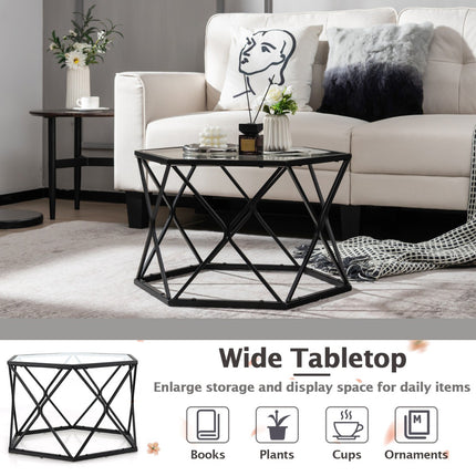 Couchtisch, sechseckige Tischplatte aus gehärtetem Glas, Metallbeine