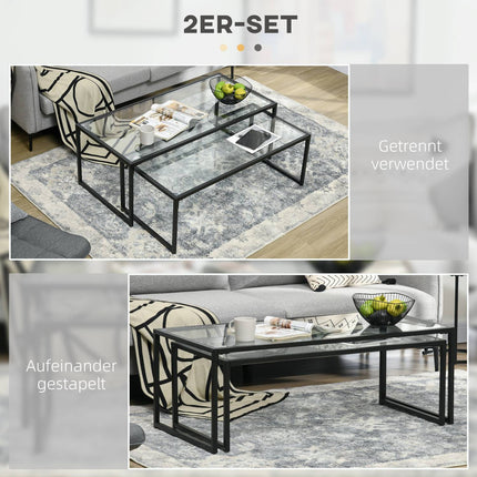 2er Set Satztische mit Glasplatte - schwarzer Stahl