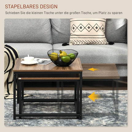 Lot de 2 tables basses d'appoint au design industriel, table de salon aspect bois, acier, naturel
