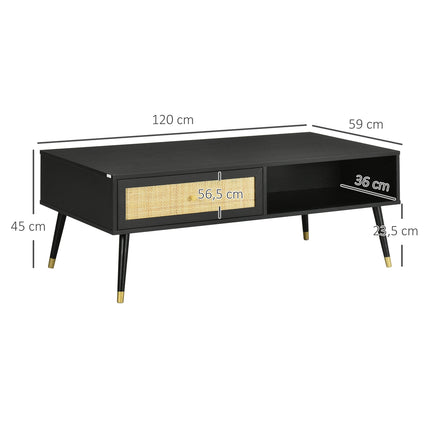Black rattan coffee table with drawer & 2 compartments