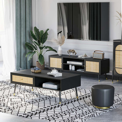 Black rattan coffee table with drawer & 2 compartments