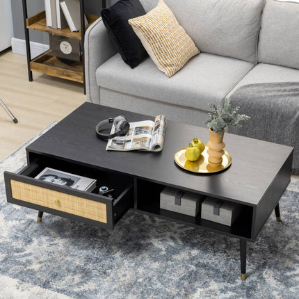Black rattan coffee table with drawer & 2 compartments