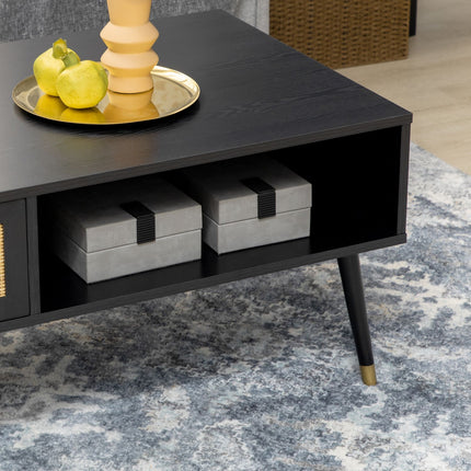 Black rattan coffee table with drawer & 2 compartments