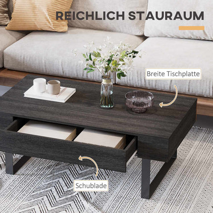 Coffee table with drawer and shelves, robust steel frame