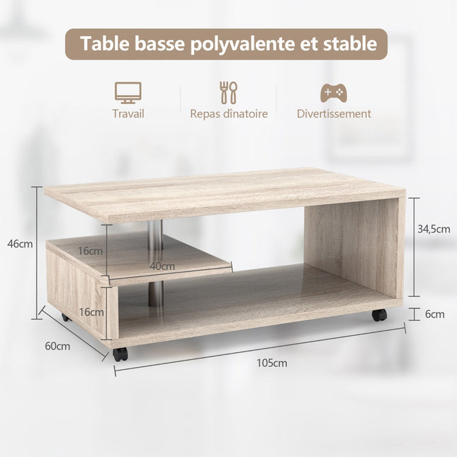 Coffee Table With 2 Shelves, Locking Casters, 105x60cm