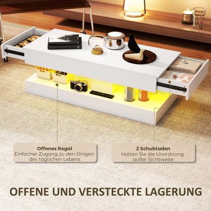 Couchtisch mit Schubladen und LED-Beleuchtung, Weißes MDF