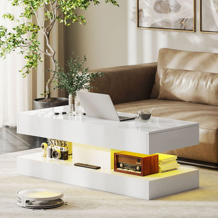 Couchtisch mit Schubladen und LED-Beleuchtung, Weißes MDF