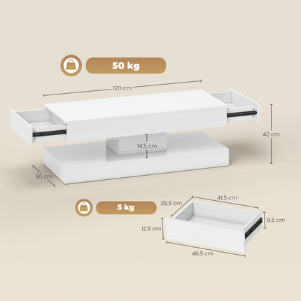 Couchtisch mit Schubladen und LED-Beleuchtung, Weißes MDF