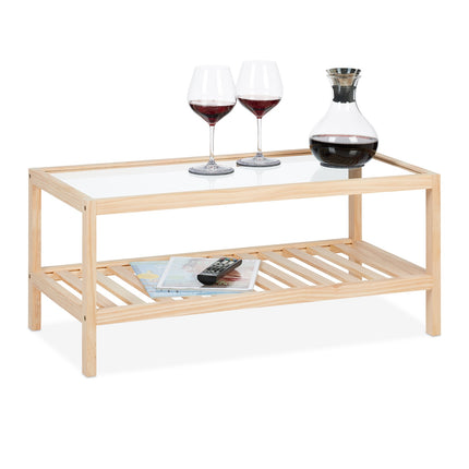 Coffee Table with Glass Top – Natural Wood Frame