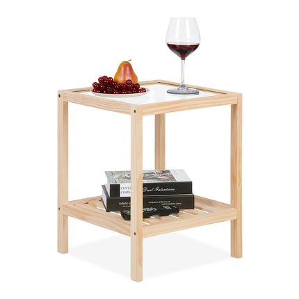 Couchtisch mit Glasplatte – Kiefernholz, 2 Ablagen