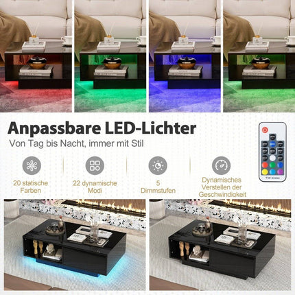 Couchtisch mit LED-Beleuchtung, Fernbedienung, Stauraum, Schwarz, 95x55x31 cm