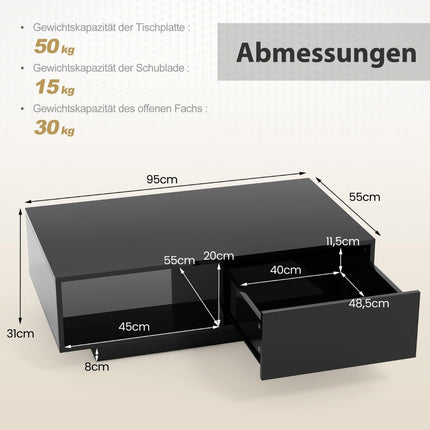 Couchtisch mit LED-Beleuchtung, Fernbedienung, Stauraum, Schwarz, 95x55x31 cm