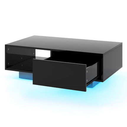 Couchtisch mit LED-Beleuchtung, Fernbedienung, Stauraum, Schwarz, 95x55x31 cm
