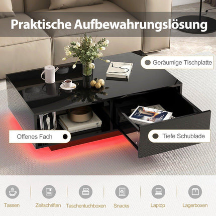 Couchtisch mit LED-Beleuchtung, Fernbedienung, Stauraum, Schwarz, 95x55x31 cm