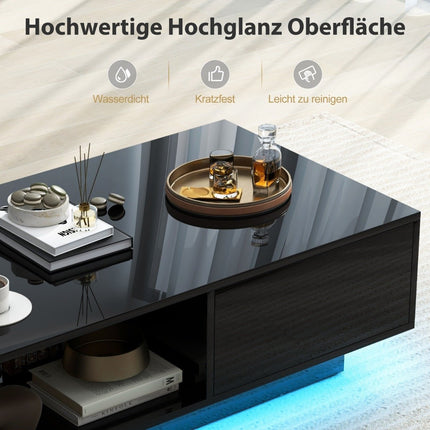 Couchtisch mit LED-Beleuchtung, Fernbedienung, Stauraum, Schwarz, 95x55x31 cm