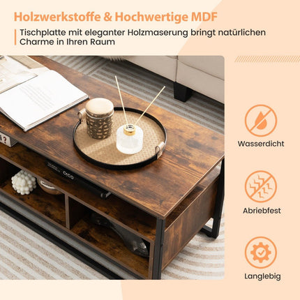 Couchtisch mit Stauraum, Industrie-Tisch mit offenen Regalen, 110 x 42,5 x 45 cm, rustikales Braun