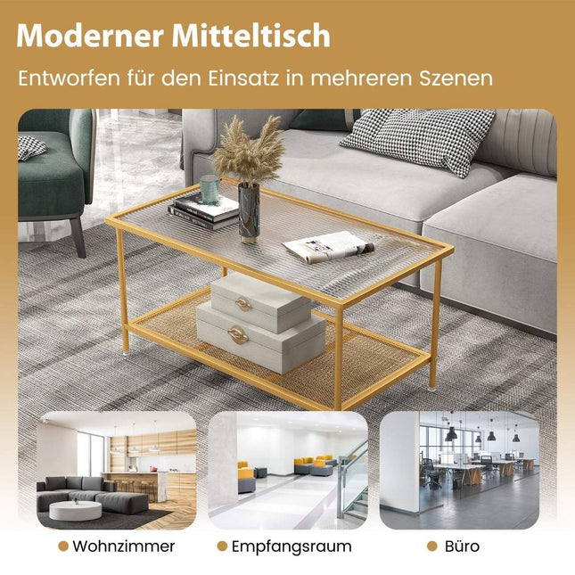 Coffee table glass glass table with 2 levels living room table with mesh shelf Golden 90 x 50 x 46 cm