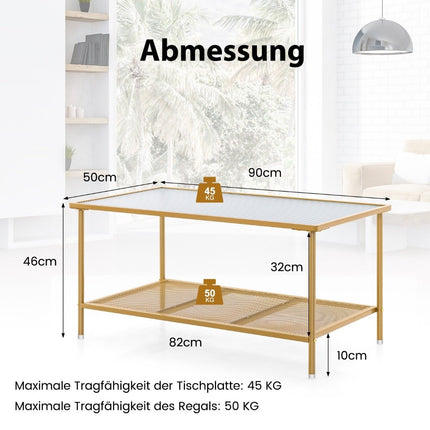 Couchtisch Glas Glastisch mit 2 Ebenen Wohnzimmertisch mit Gitterablage Golden 90 x 50 x 46 cm