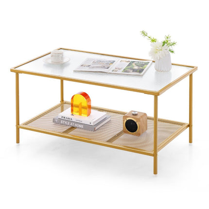 Couchtisch Glas Glastisch mit 2 Ebenen Wohnzimmertisch mit Gitterablage Golden 90 x 50 x 46 cm