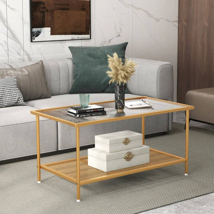 Couchtisch Glas Glastisch mit 2 Ebenen Wohnzimmertisch mit Gitterablage Golden 90 x 50 x 46 cm