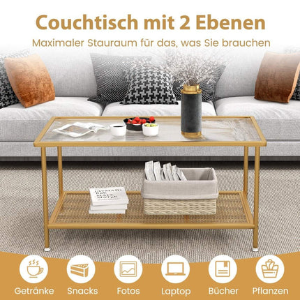 Couchtisch Glas Glastisch mit 2 Ebenen Wohnzimmertisch mit Gitterablage Golden 90 x 50 x 46 cm