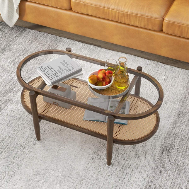 Couchtisch Beistelltisch mit Glastischplatte &amp; Rattanablage 102 x 56 x 47 cm braun
