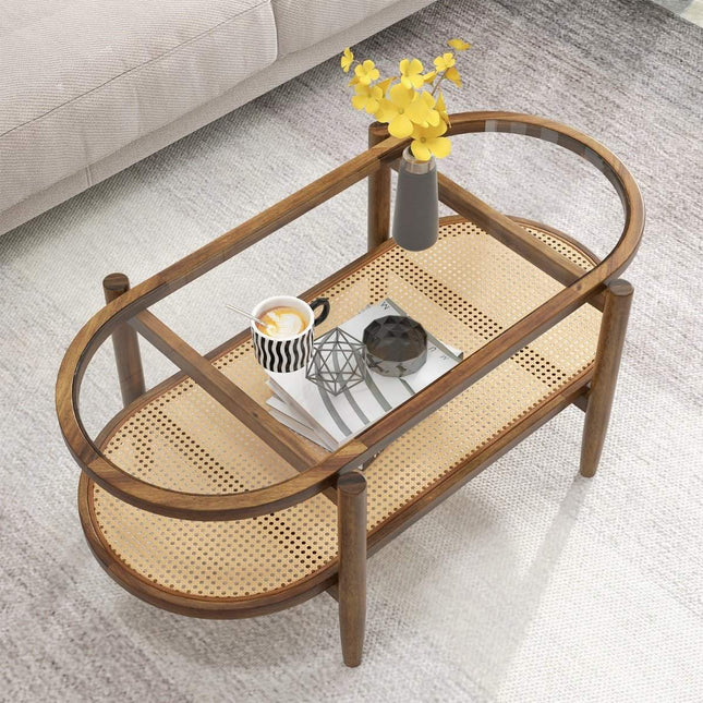 Couchtisch Beistelltisch mit Glastischplatte &amp; Rattanablage 102 x 56 x 47 cm braun