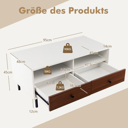 Coffee table with 2 drawers and 2 shelves. Rectangular living room table with storage space 95 x 48 x 45 cm