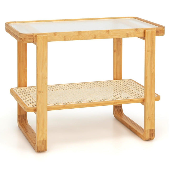 Couchtisch mit abnehmbarer Glasplatte und Rattanablage Couchtisch mit Bambusgestell