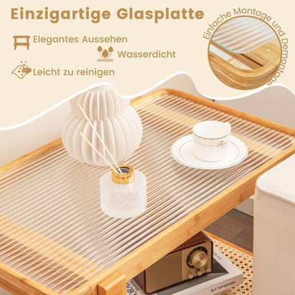 Coffee table with removable glass top & rattan shelf Coffee table with bamboo frame