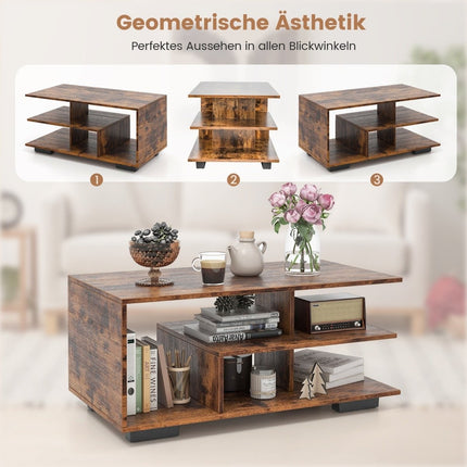Couchtisch mit Stauraum &amp; L-förmigem Mittelregal rechteckiger Wohnzimmertisch Akzenttisch braun