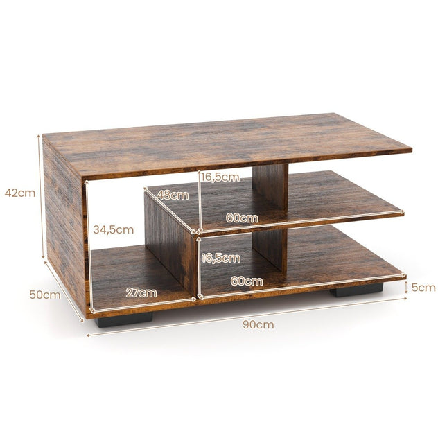 Coffee table with storage &amp; L-shaped center shelf rectangular living room table accent table brown