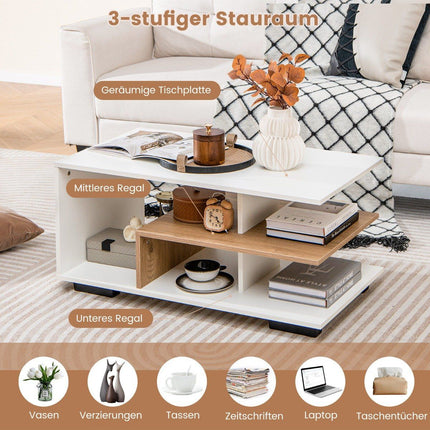 Couchtisch mit Stauraum &amp; L-förmigem Mittelregal rechteckiger Wohnzimmertisch Akzenttisch weiß
