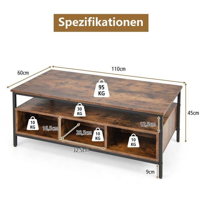 Coffee table wood 3 levels living room table with open shelf 110 x 60 x 45 cm in industrial style
