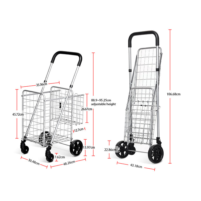 Collapsible Shopping Cart with Dual Basket, Adjustable Handle