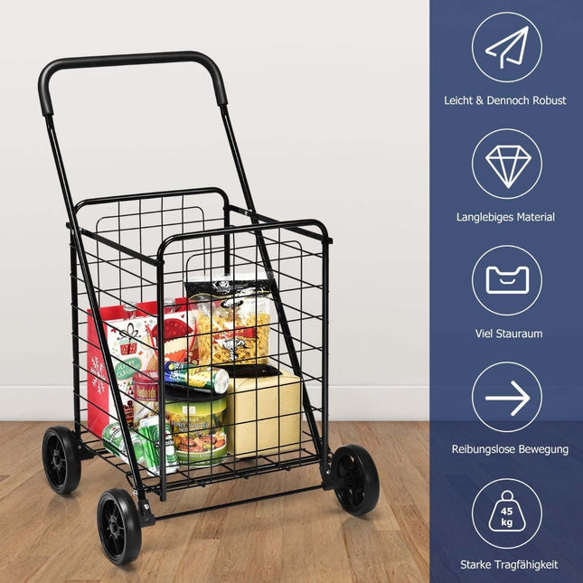 Collapsible Shopping Cart with Wheels, Black, 45 kg Capacity
