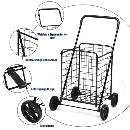 Collapsible Shopping Cart with Wheels, Black, 45 kg Capacity