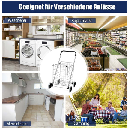 Zusammenklappbarer Einkaufswagen mit Rädern, Silber, 45 kg Fassungsvermögen