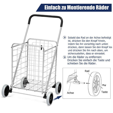 Zusammenklappbarer Einkaufswagen mit Rädern, Silber, 45 kg Fassungsvermögen