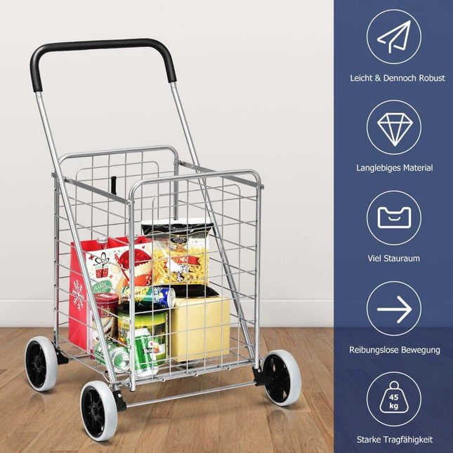 Collapsible Shopping Cart with Wheels, Silver, 45kg Capacity