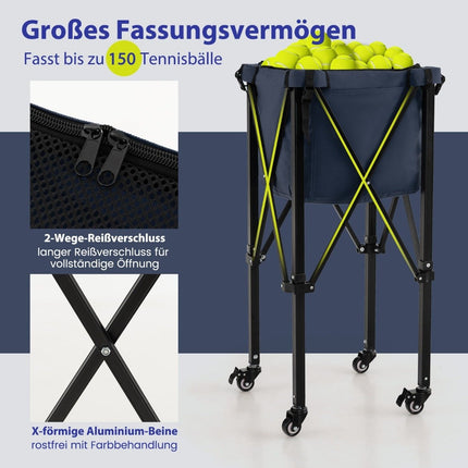Zusammenklappbarer Tennisballwagen mit Rollen, fasst 150 Bälle