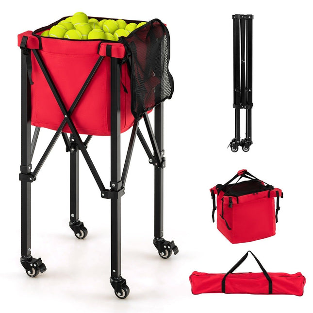 Zusammenklappbarer Tennisballwagen mit Rädern, abnehmbarer Tasche, Seitentaschen und Tragetasche, tragbarer Ballwagen für 150 Tennisbälle, Rot