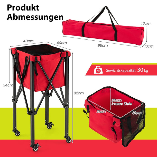 Zusammenklappbarer Tennisballwagen mit Rädern, abnehmbarer Tasche, Seitentaschen und Tragetasche, tragbarer Ballwagen für 150 Tennisbälle, Rot