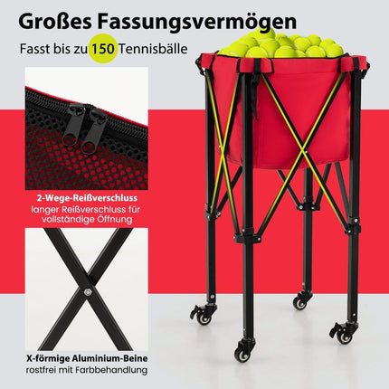 Zusammenklappbarer Tennisballwagen mit Rädern, abnehmbarer Tasche, Seitentaschen und Tragetasche, tragbarer Ballwagen für 150 Tennisbälle, Rot