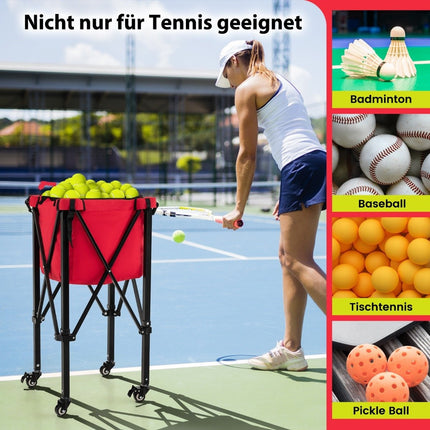 Zusammenklappbarer Tennisballwagen mit Rädern, abnehmbarer Tasche, Seitentaschen und Tragetasche, tragbarer Ballwagen für 150 Tennisbälle, Rot