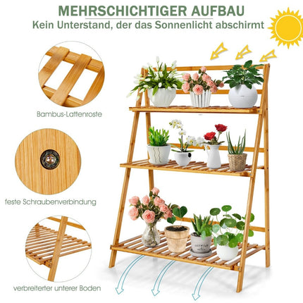 Zusammenklappbarer Pflanzenständer aus Bambus 3-stufiges Leiterregal 70 x 38 x 95,5 cm Natur