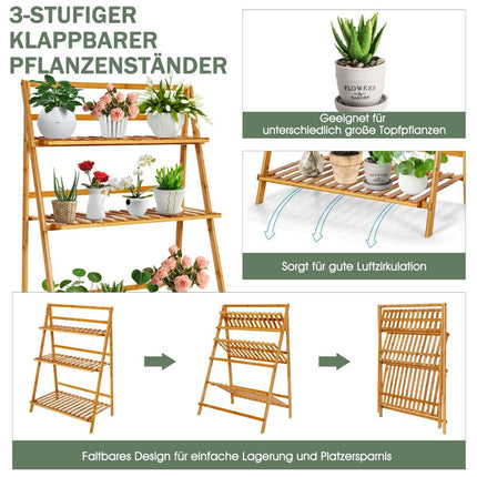 Zusammenklappbarer Pflanzenständer aus Bambus 3-stufiges Leiterregal 70 x 38 x 95,5 cm Natur