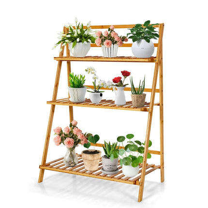 Zusammenklappbarer Pflanzenständer aus Bambus 3-stufiges Leiterregal 70 x 38 x 95,5 cm Natur