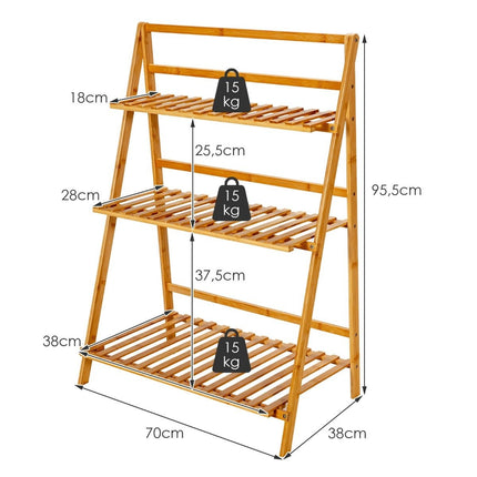 Zusammenklappbarer Pflanzenständer aus Bambus 3-stufiges Leiterregal 70 x 38 x 95,5 cm Natur